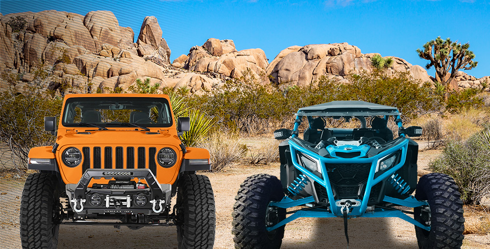 Image of off-road Jeep and Can-Am side by side in the So Cal Desert