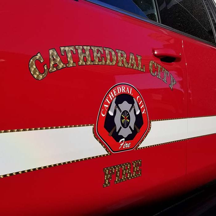Image of the Cathedral City Fire Truck Vehicle Wrap with gold print
