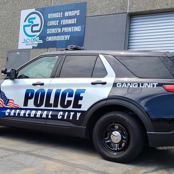 Image of a new Cathedral City Police SUV right after the Vehicle Wrap installation